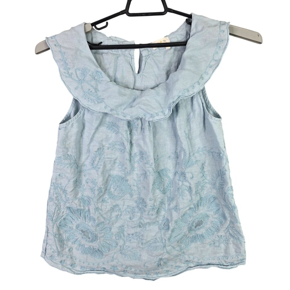 Womens Meadow Rue Blue 100% Linen Sleeveless Top Embroidered Floral Size 10